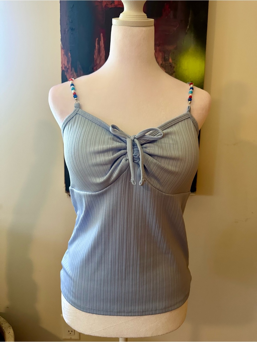 No Boundaries Ribbed Tie-Front Cami with Red, White and Blue Beaded Straps